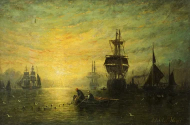 Solnedgang med båter, 1875